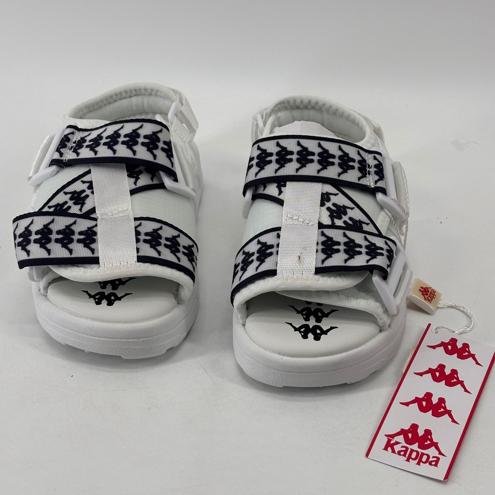 Kappa 222 Banda Mitel 2 Sandals Kids 12 White Black Logo Tape NWT Sporty Slides